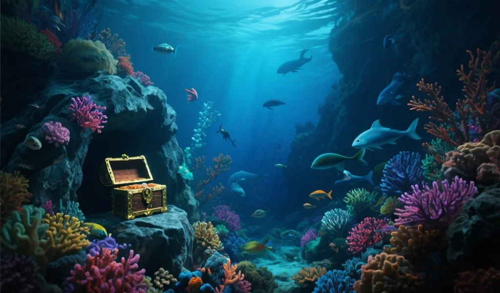 一片神秘的深海场景，五彩斑斓的珊瑚和各类海洋生物在水下游弋，宝箱隐藏在岩石缝隙中